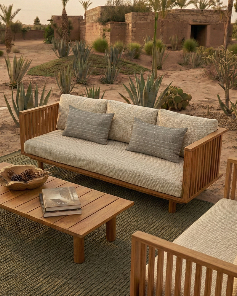 TOPRAK 3-seater outdoor sofa in natural teak and olefin, 260 x 82 x 77 cm, with ivory-coloured upholstery