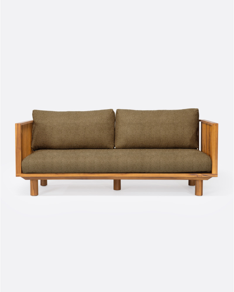 Sofá de exterior TOPRAK 2 plazas en teca natural y olefina, 180 x 82 x 77 cm, con tapizado color arena (Sand)