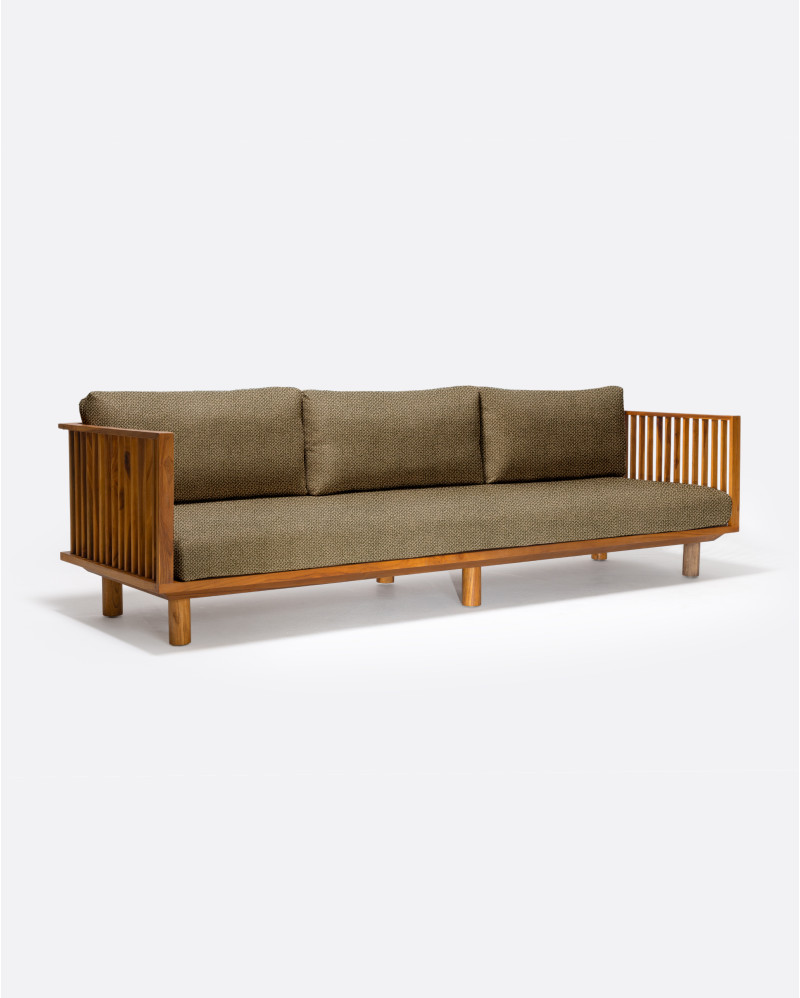 TOPRAK 3-seater outdoor sofa in natural teak and olefin, 260 x 82 x 77 cm, with sand-coloured upholstery