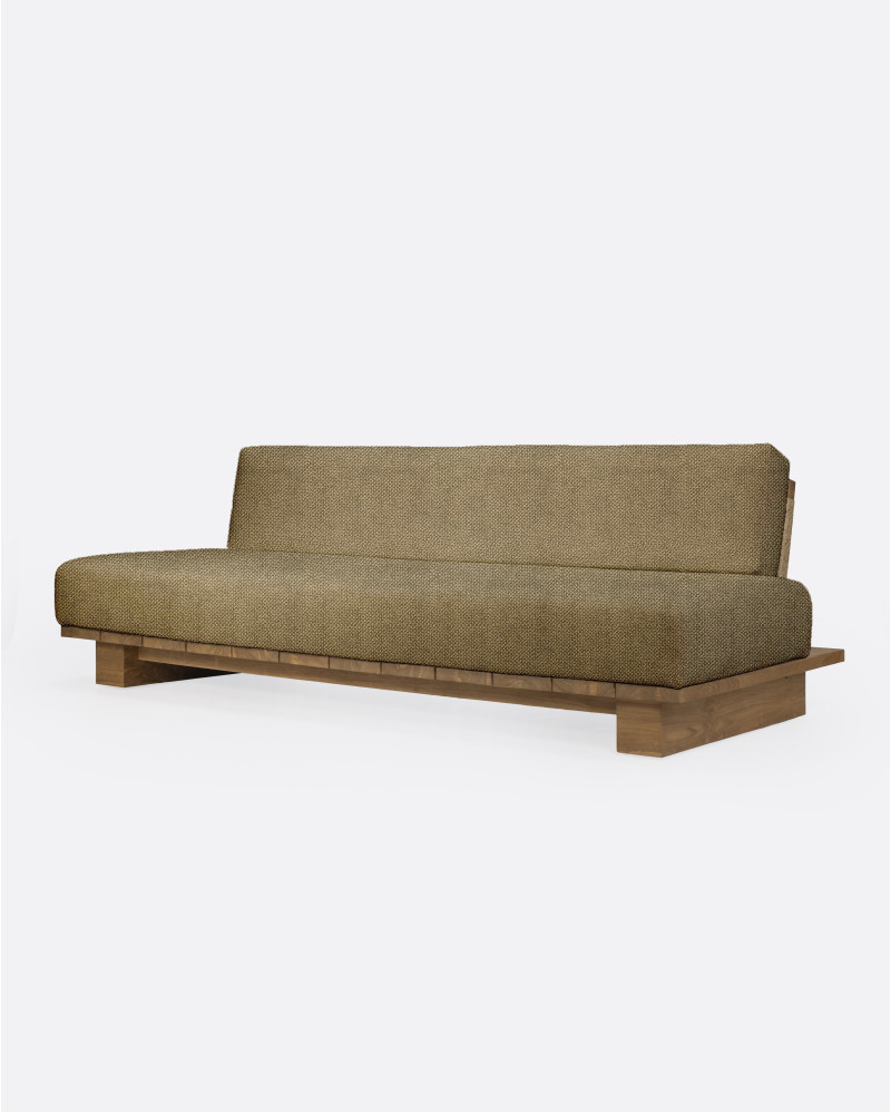 CORA 4-seater outdoor sofa in natural teak and synthetic rope, 240 × 100 × 72 cm, with sand-coloured upholstery