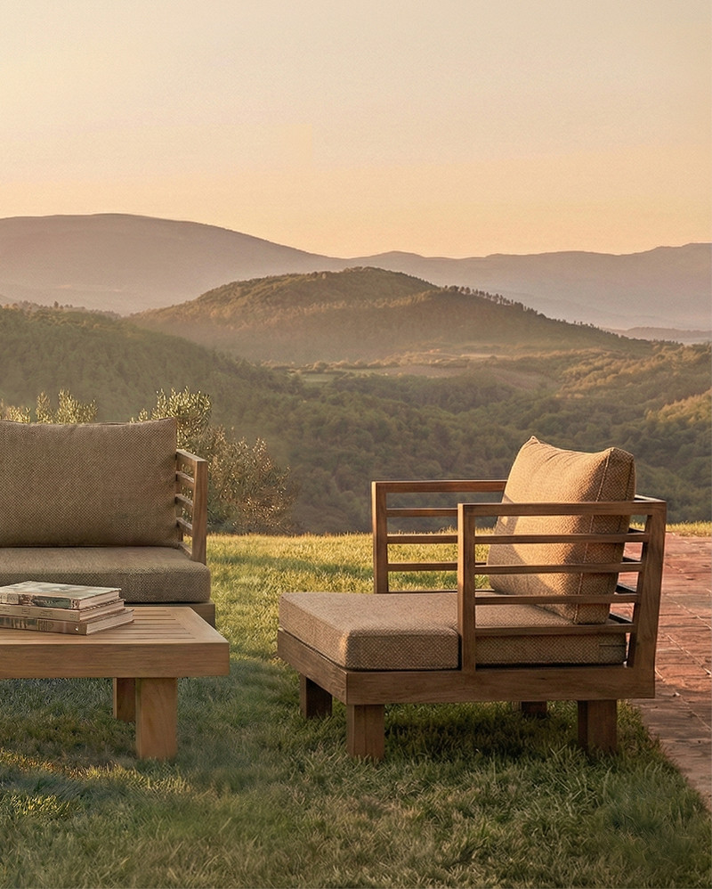 STRAUSS 1-seater outdoor sofa in natural teak and olefin, 86 × 84 × 67 cm, with sand-coloured upholstery