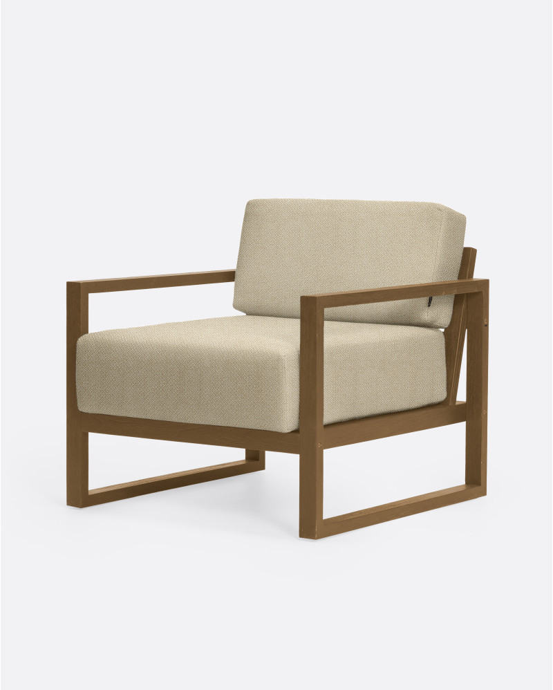 Sofá de exterior SELMA 1 plaza en teca natural, 78 x 83 x 67 cm, con tapizado color marfil (Ivory)