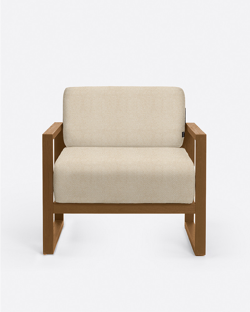 Sofá de exterior SELMA 1 plaza en teca natural, 78 x 83 x 67 cm, con tapizado color marfil (Ivory)