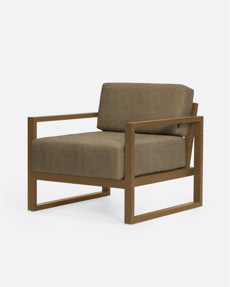 SELMA 1-seater outdoor sofa in teak wood, 78 × 83 × 67 cm, with sand-coloured upholstery.