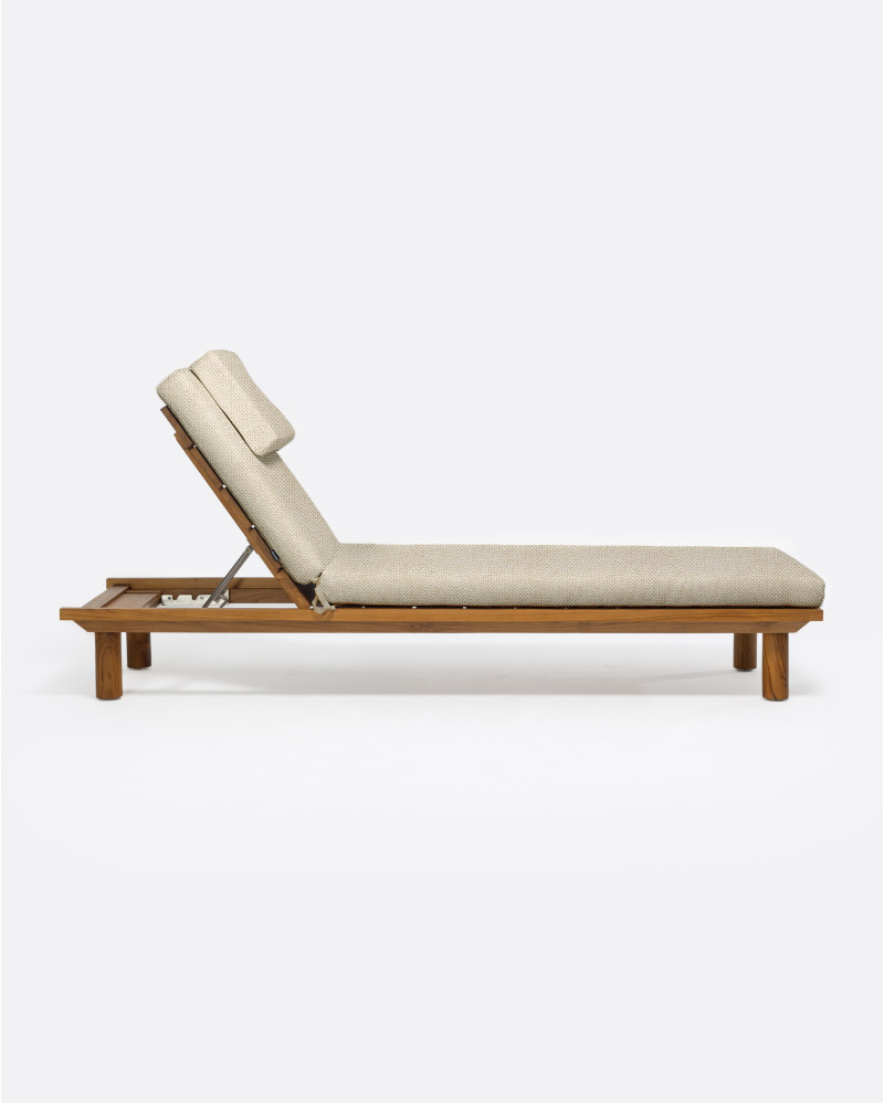 TOPRAK outdoor sunbed in natural teak, 200 x 70 x 25 cm, with ivory-coloured mattress