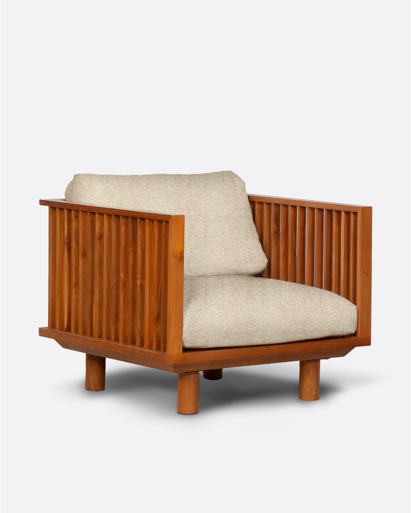 TOPRAK 1-seater outdoor sofa in natural teak and olefin, 84 x 82 x 77 cm, with ivory-coloured upholstery