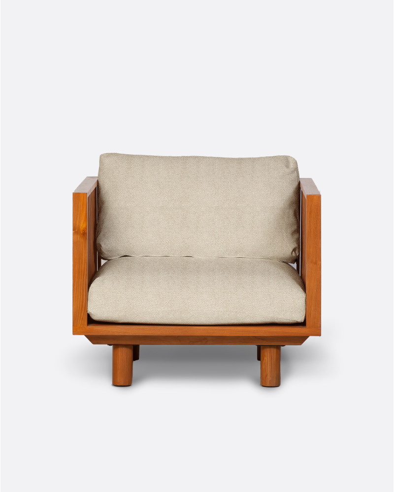 TOPRAK 1-seater outdoor sofa in natural teak and olefin, 84 x 82 x 77 cm, with ivory-coloured upholstery
