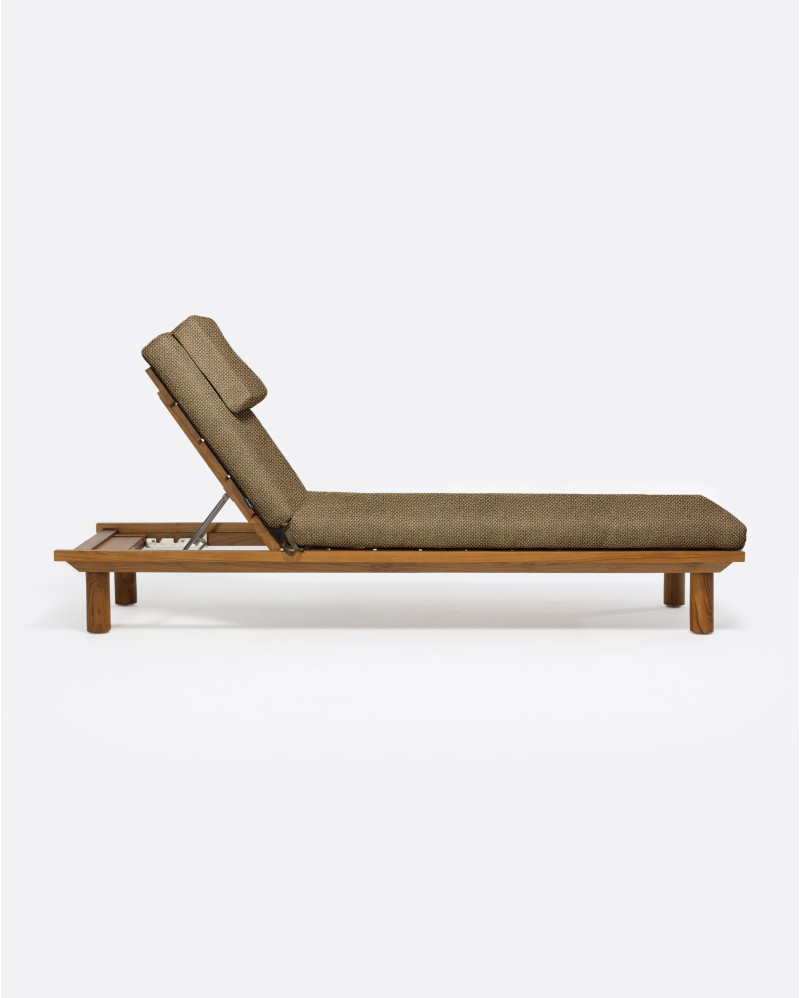 Transat d'extérieur TOPRAK en teck naturel, 200 x 70 x 25 cm, avec matelas couleur sable (Sand)