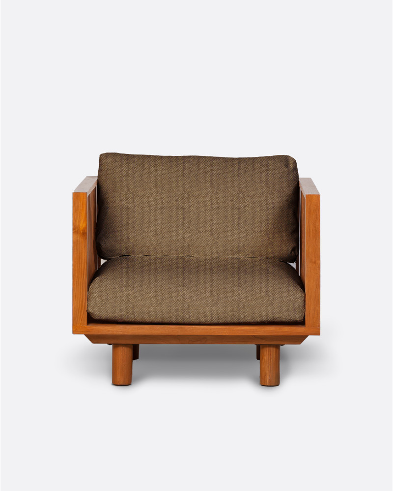 TOPRAK 1-seater outdoor sofa in natural teak and olefin, 84 x 82 x 77 cm, with sand-coloured upholstery