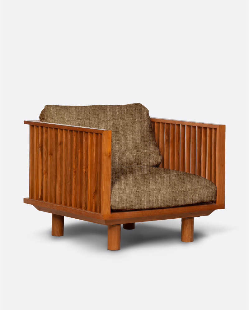 TOPRAK 1-seater outdoor sofa in natural teak and olefin, 84 x 82 x 77 cm, with sand-coloured upholstery