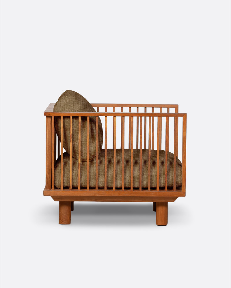 TOPRAK 1-seater outdoor sofa in natural teak and olefin, 84 x 82 x 77 cm, with sand-coloured upholstery