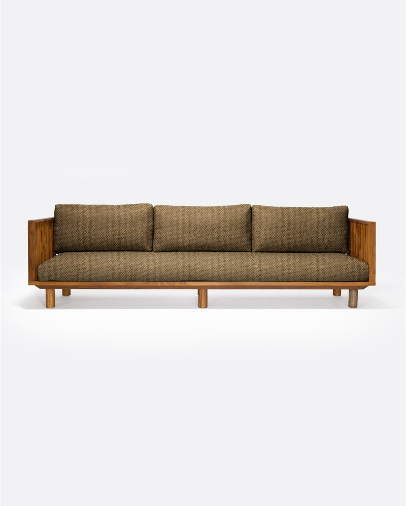 TOPRAK 3-seater outdoor sofa in natural teak and olefin, 260 x 82 x 77 cm, with sand-coloured upholstery