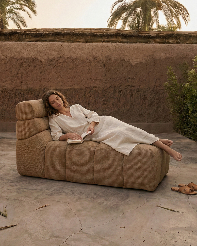 CHOPIN outdoor chaise longue in recycled olefin 93 x 145 x 78 cm in Sand colour