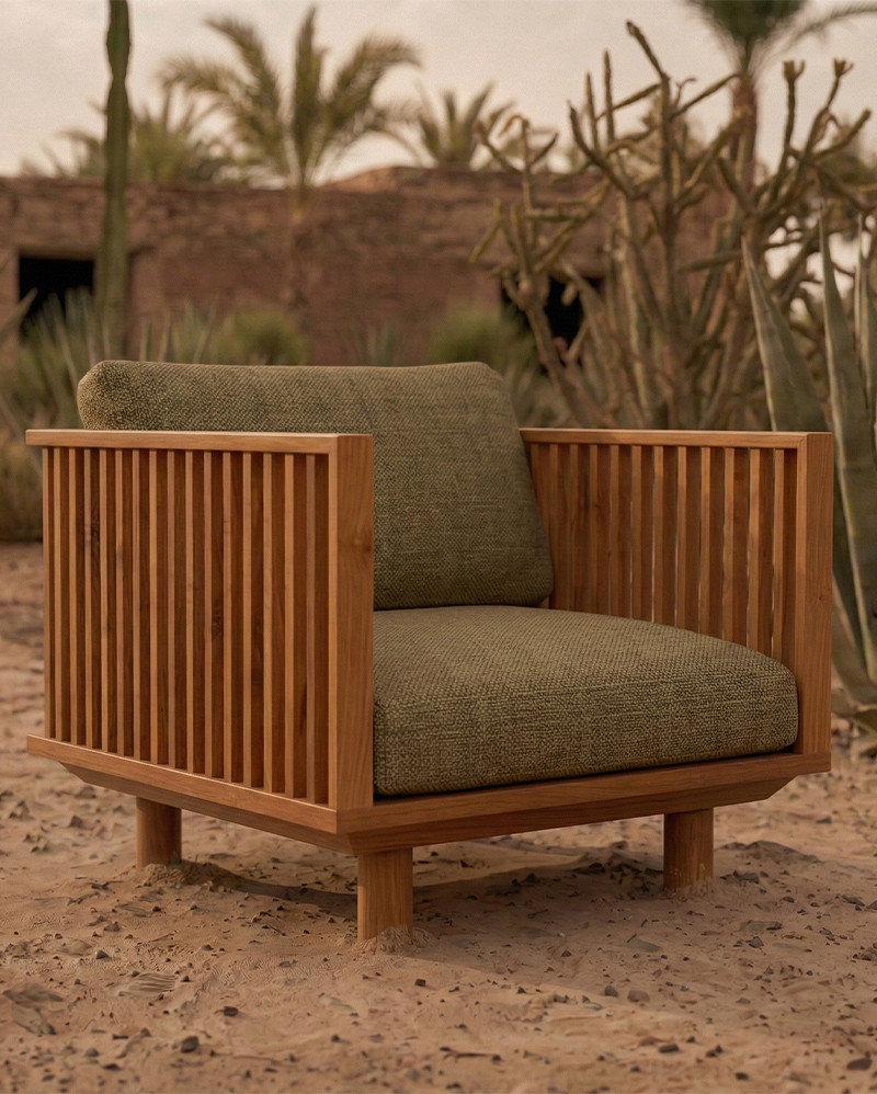 TOPRAK 1-seater outdoor sofa in natural teak and olefin, 84 x 82 x 77 cm, with sand-coloured upholstery