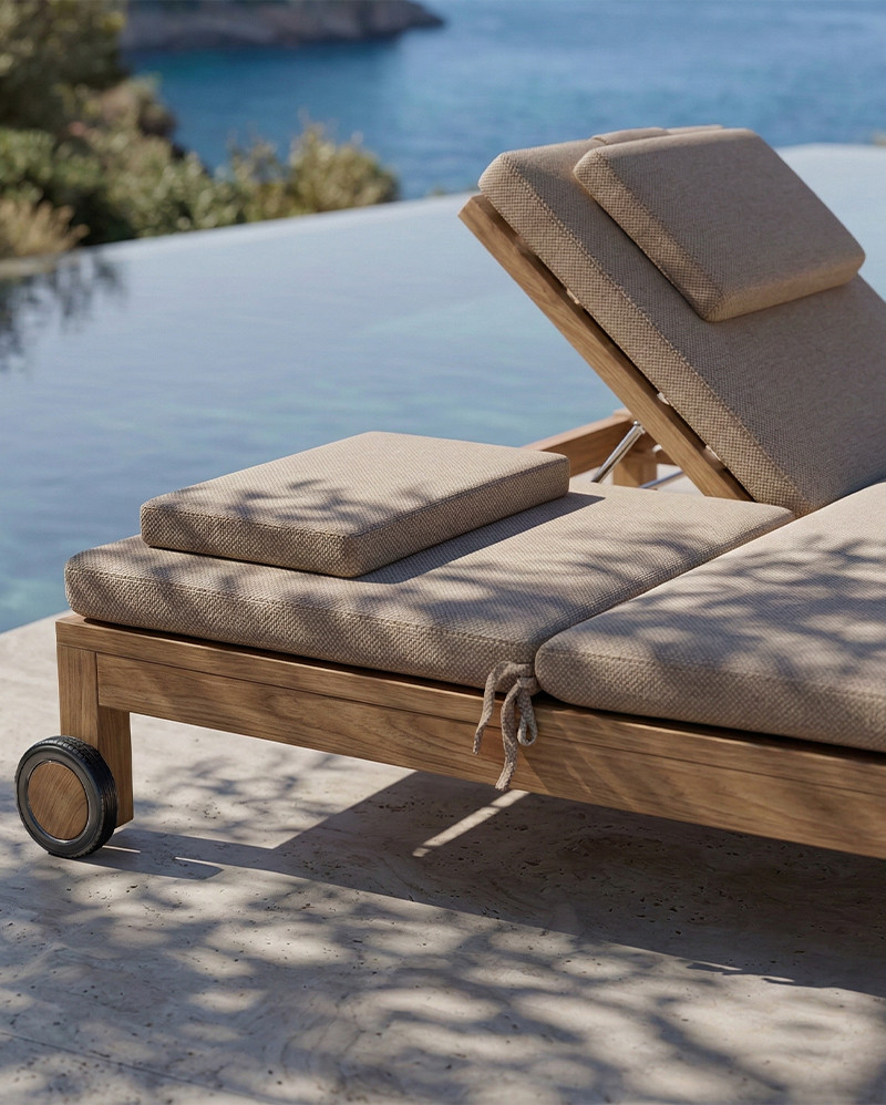 GENESIS outdoor sunbed in teak wood 201 x 139 x 27 cm with a sand-coloured mattress