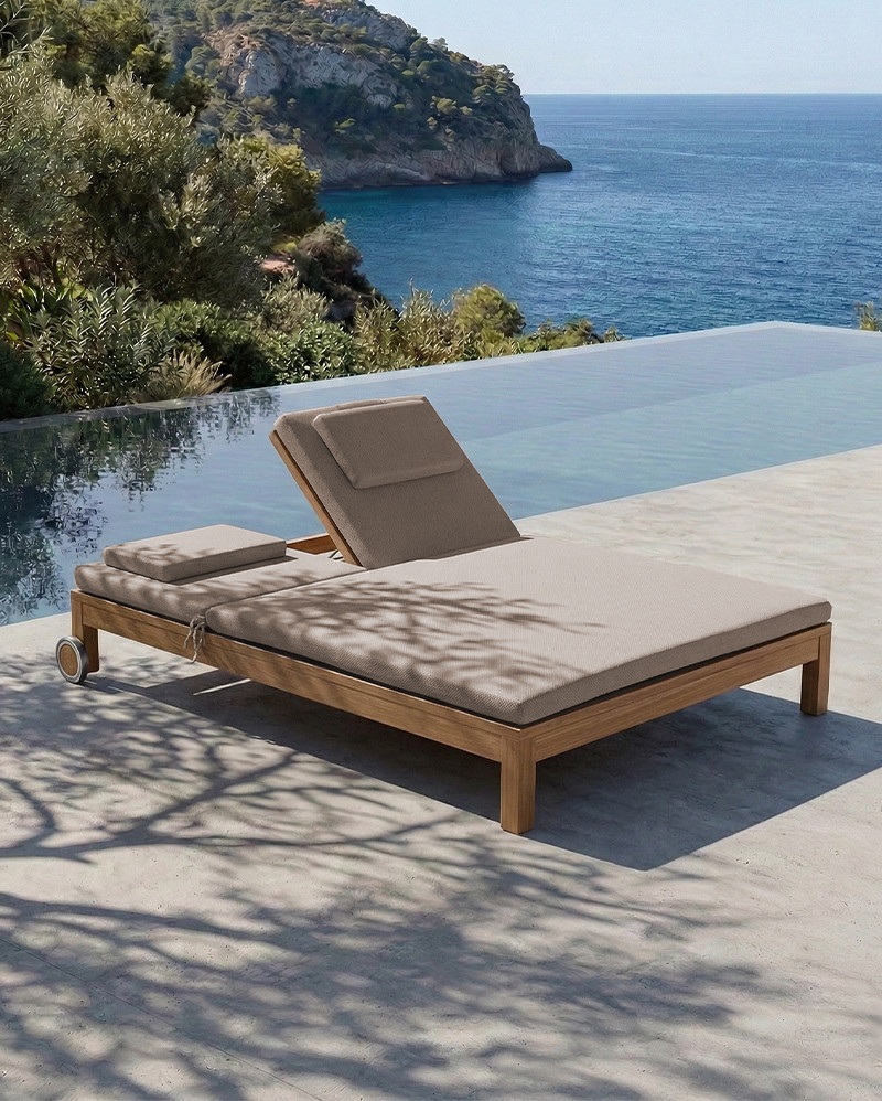 Tumbona de exterior GENESIS de madera de teca 201 x 139 x 27 cm con colchón color arena (sand)