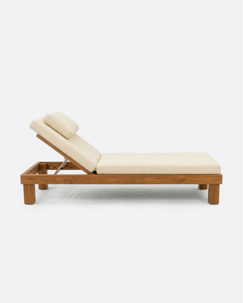 Tumbona de exterior STRAUSS en teca natural, 200 x 80 x 25 cm, con colchón color marfil (Ivory)