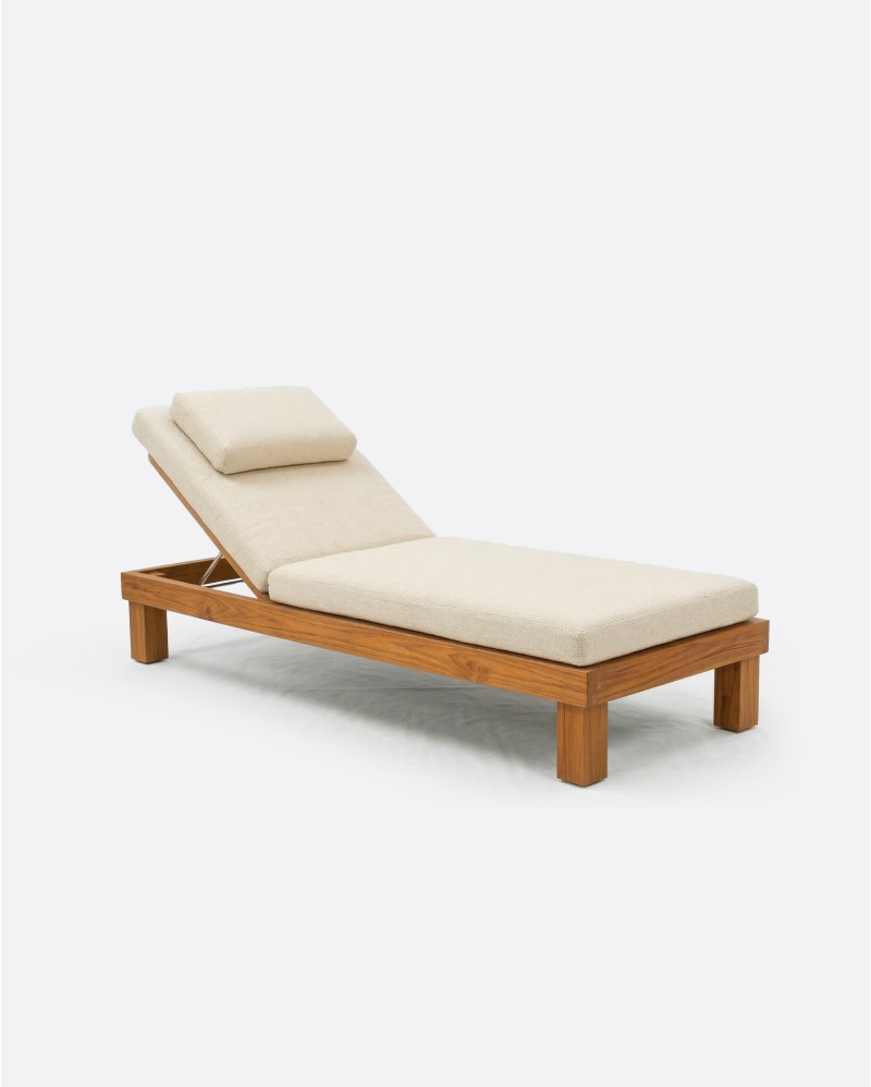 Tumbona de exterior STRAUSS en teca natural, 200 x 80 x 25 cm, con colchón color marfil (Ivory)