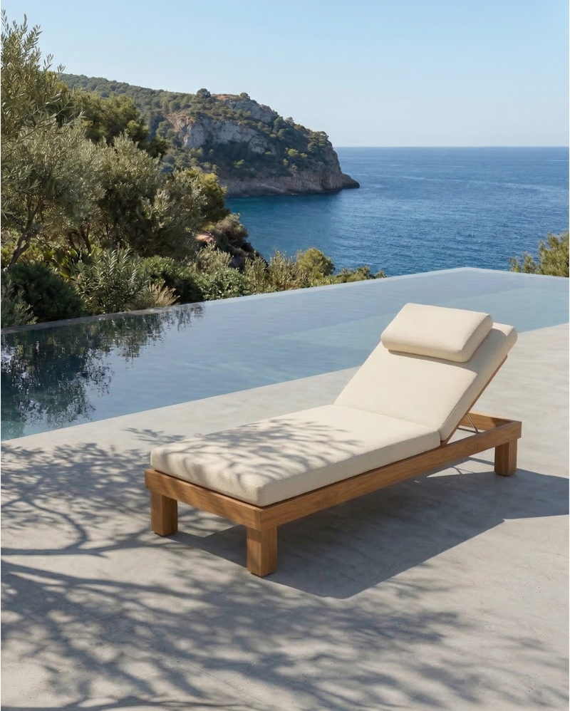 Tumbona de exterior STRAUSS en teca natural, 200 x 80 x 25 cm, con colchón color marfil (Ivory)