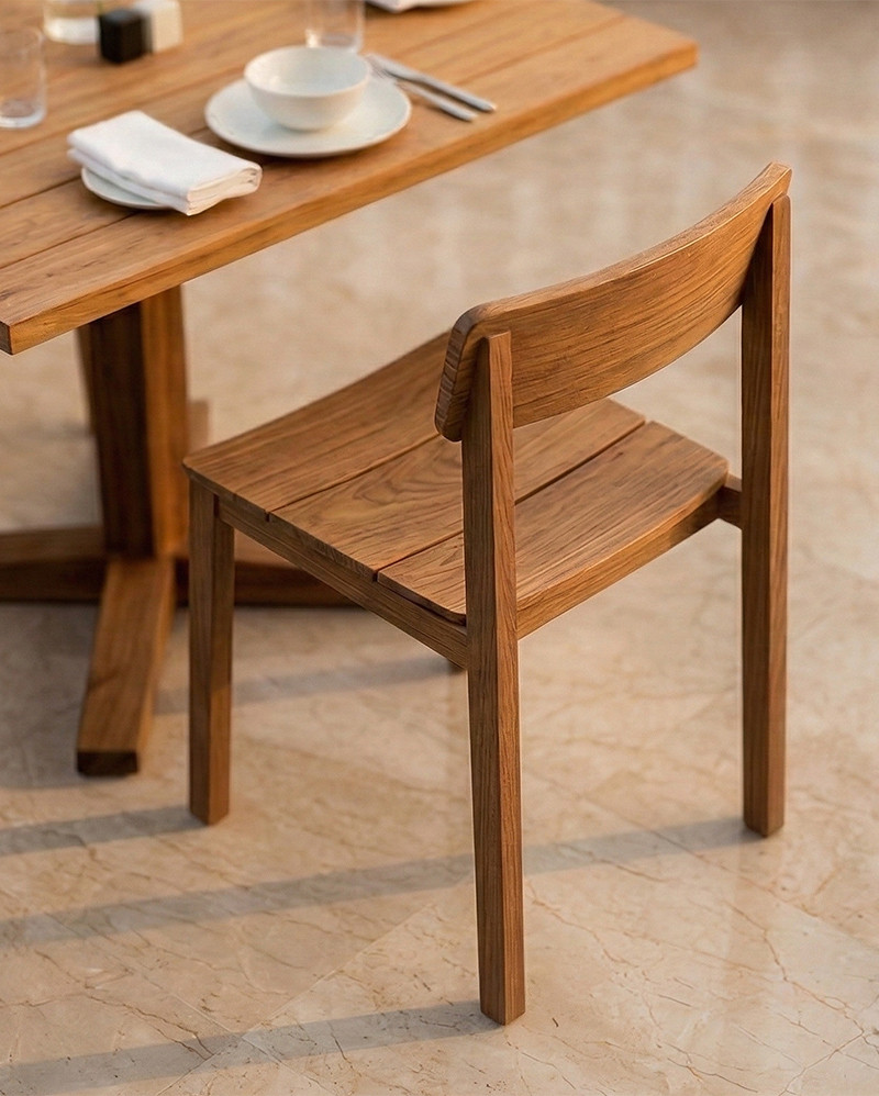 Silla de exterior RAWI WA apilable de madera de teca 50 x 47 x 78 cm en color natural