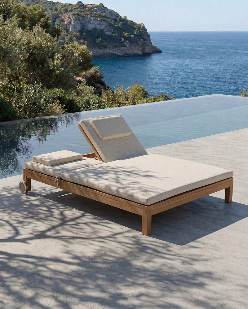 GENESIS outdoor sunbed in teak wood 201 x 139 x 27 cm with with an ivory mattress