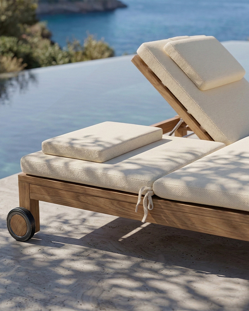 Tumbona de exterior GENESIS de madera de teca 201 x 139 x 27 cm con colchón color marfil (Ivory)