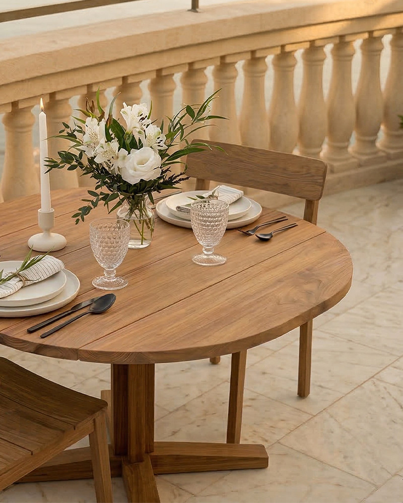 Mesa de comedor de exterior RUMAH de madera de teca 80 x 80 x 75 cm esquinas redondas en color natural