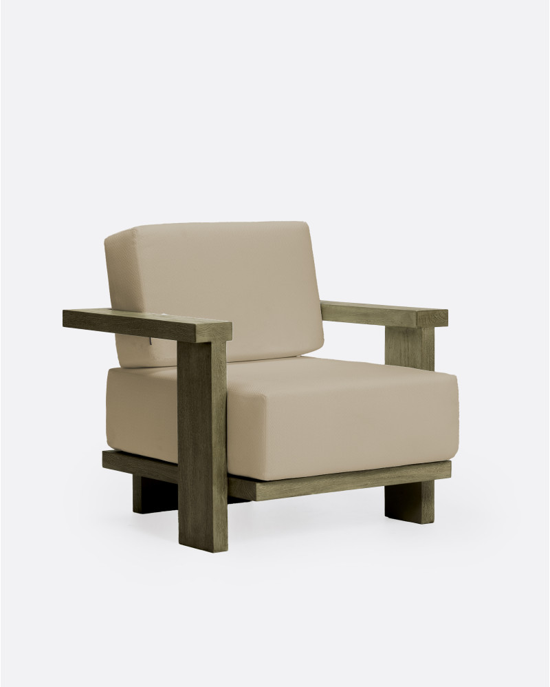 Sofá de exterior PANJANG 1 plaza de madera de teca 88 x 83 x 81 cm en acabado envejecido y tapicería natural