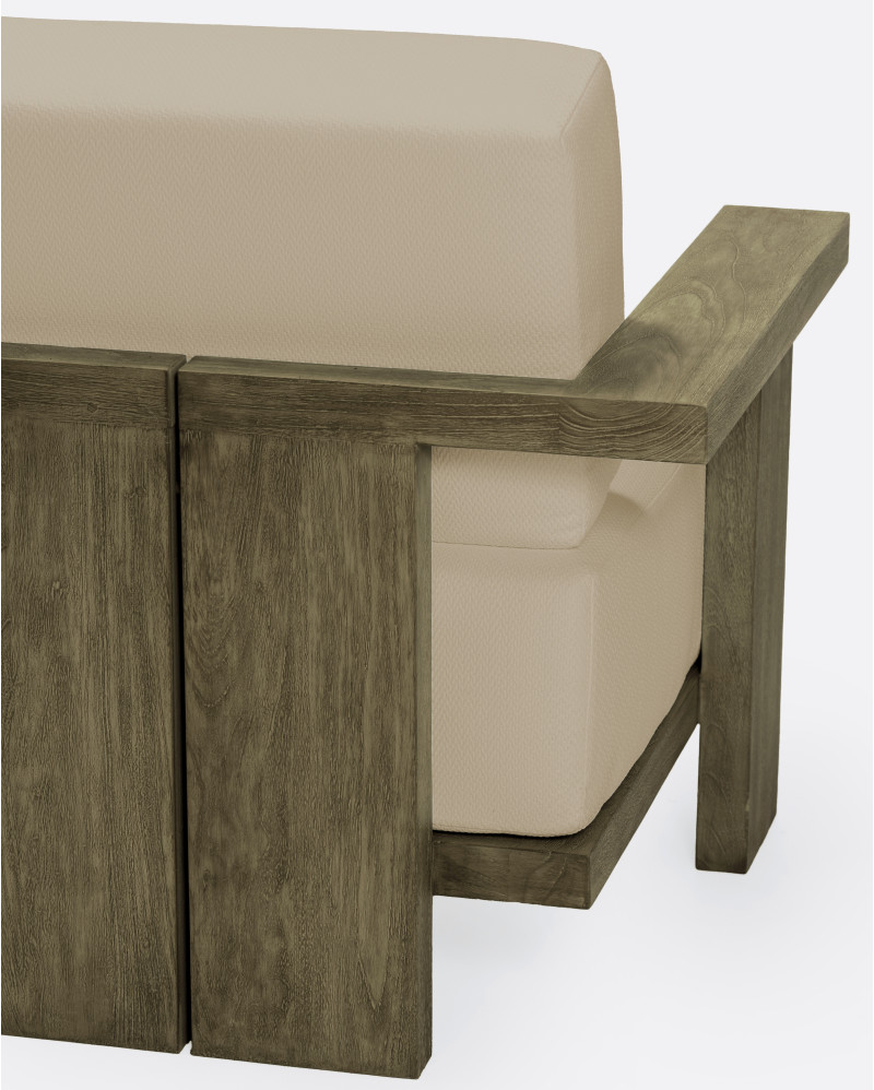Sofá de exterior PANJANG 1 plaza de madera de teca 88 x 83 x 81 cm en acabado envejecido y tapicería natural