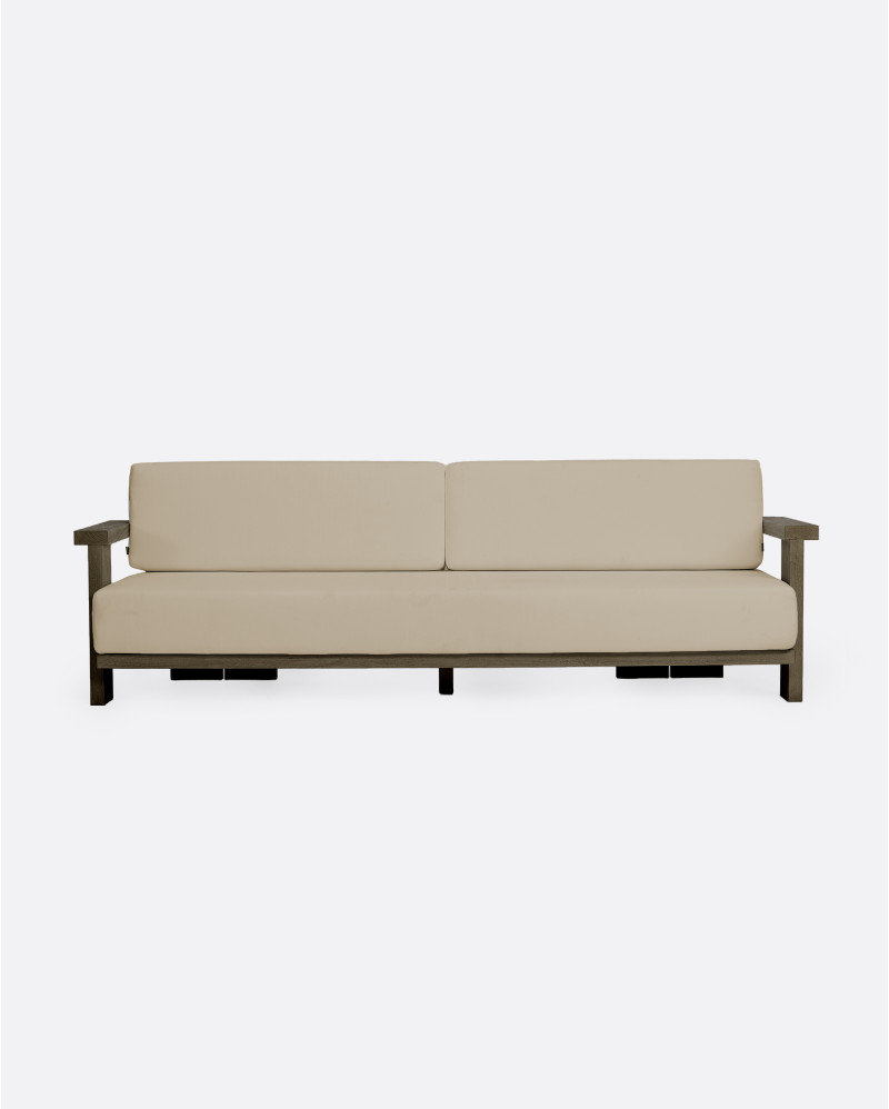 Sofá de exterior PANJANG 3/4 plazas de madera de teca 260 x 83 x 81 cm en acabado envejecido y tapicería natural