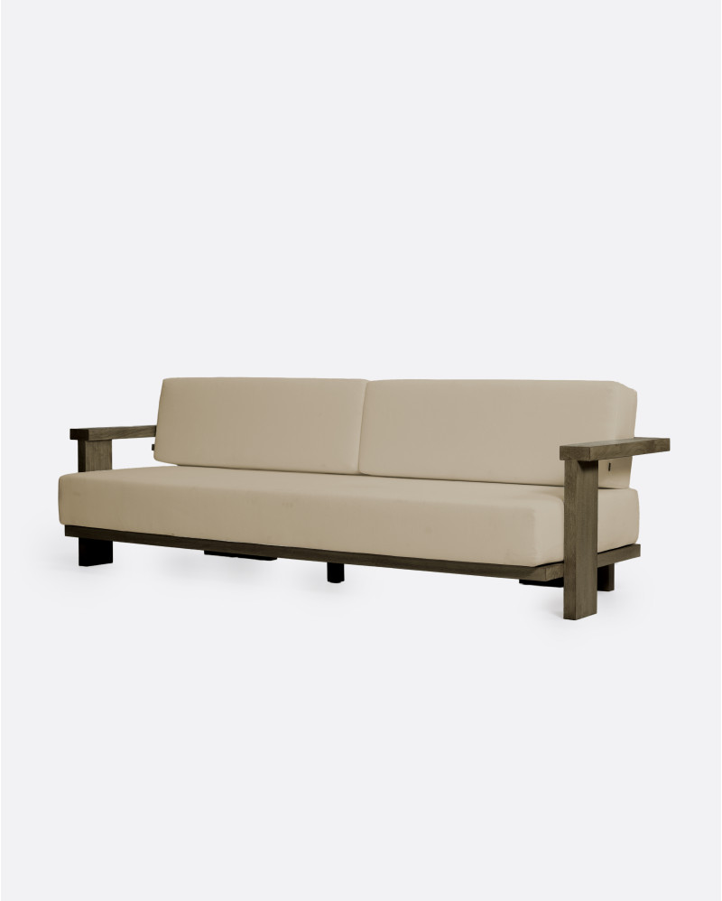 PANJANG 3/4-seater outdoor sofa in teak wood 260 x 83 x 81 cm in weathered finish and natural upholstery