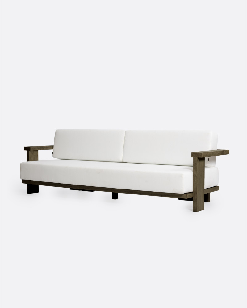 PANJANG 3/4-seater outdoor sofa in teak wood 260 x 82 x 62 cm in weathered finish and white textile