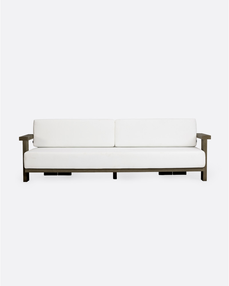 PANJANG 3/4-seater outdoor sofa in teak wood 260 x 82 x 62 cm in weathered finish and white textile