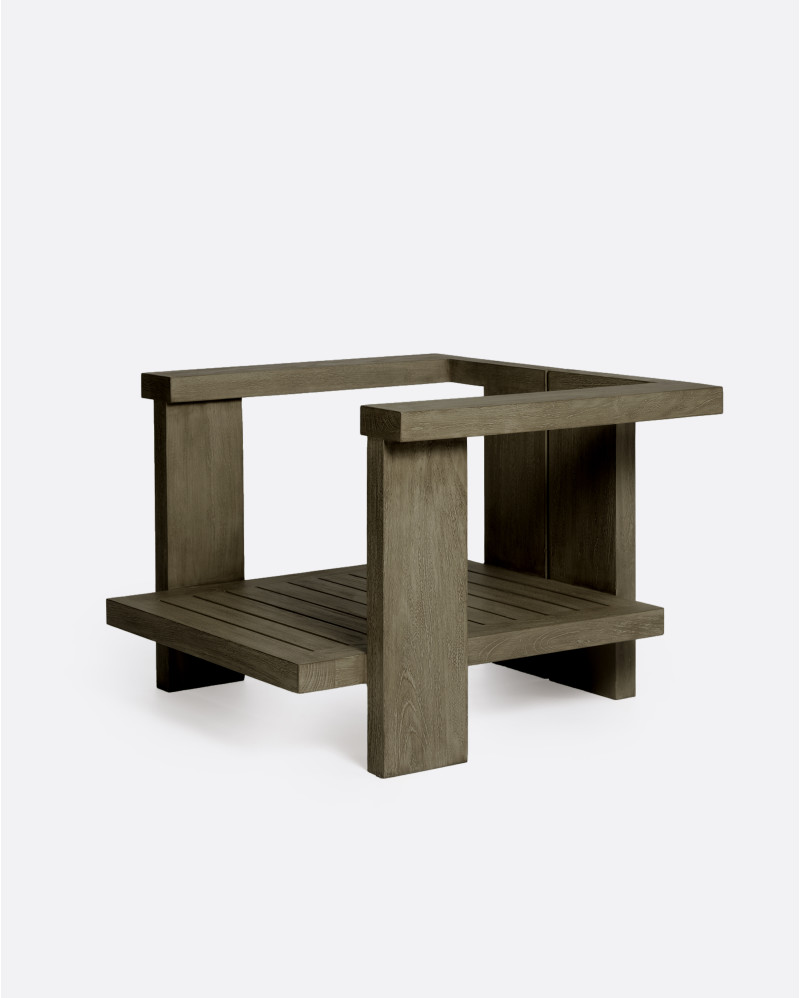 Sofá de exterior PANJANG 1 plaza de madera de teca 88 x 83 x 81 cm en acabado envejecido y tapicería natural