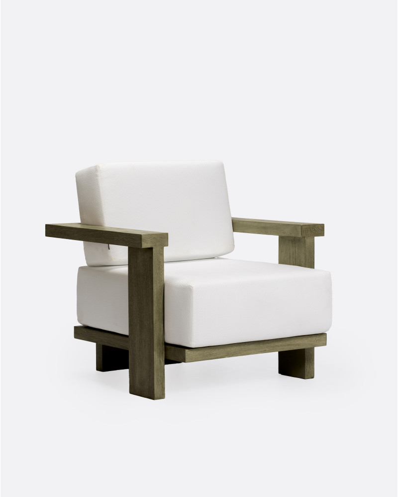 Sofá de exterior PANJANG 1 plaza de madera de teca 88 x 83 x 81 cm en acabado envejecido y tapicería blanca