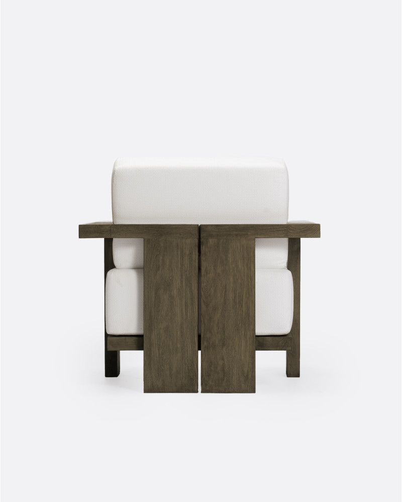 Sofá de exterior PANJANG 1 plaza de madera de teca 88 x 83 x 81 cm en acabado envejecido y tapicería blanca