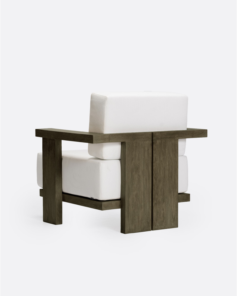 Sofá de exterior PANJANG 1 plaza de madera de teca 88 x 83 x 81 cm en acabado envejecido y tapicería blanca