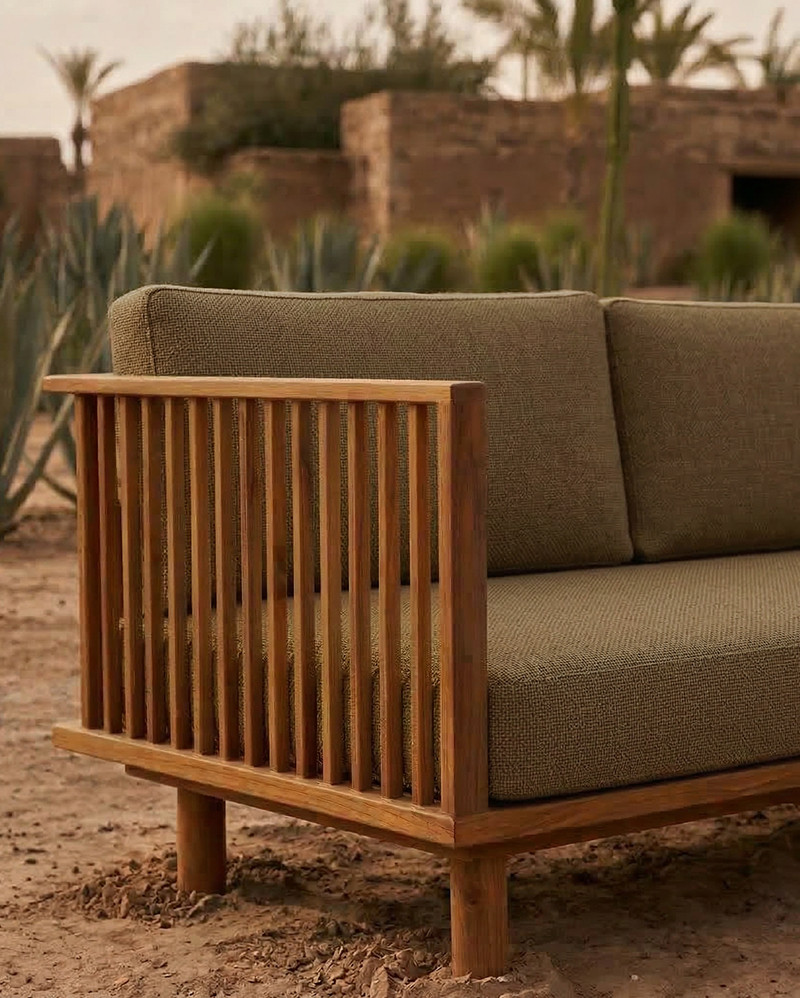 TOPRAK 2-seater outdoor sofa in in natural teak and olefin, 180 x 82 x 77 cm, with sand-coloured upholstery