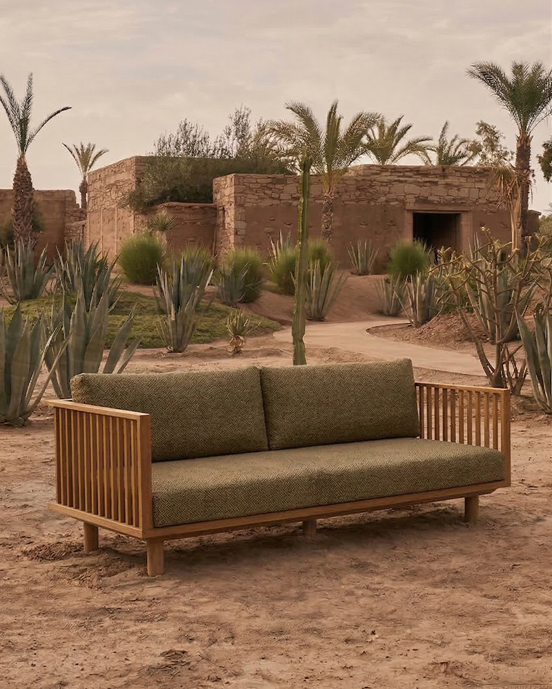 Sofá de exterior TOPRAK 2 plazas en teca natural y olefina, 180 x 82 x 77 cm, con tapizado color arena (Sand)