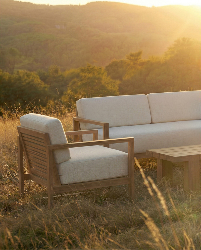 Sofá de exterior SELMA 1 plaza en teca natural, 78 x 83 x 67 cm, con tapizado color marfil (Ivory)