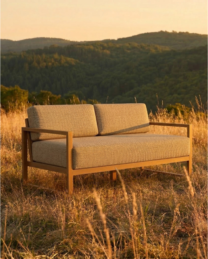 Sofá de exterior SELMA 2/3 plazas en teca natural, 170 x 83 x 67 cm, con tapizado color arena (Sand)