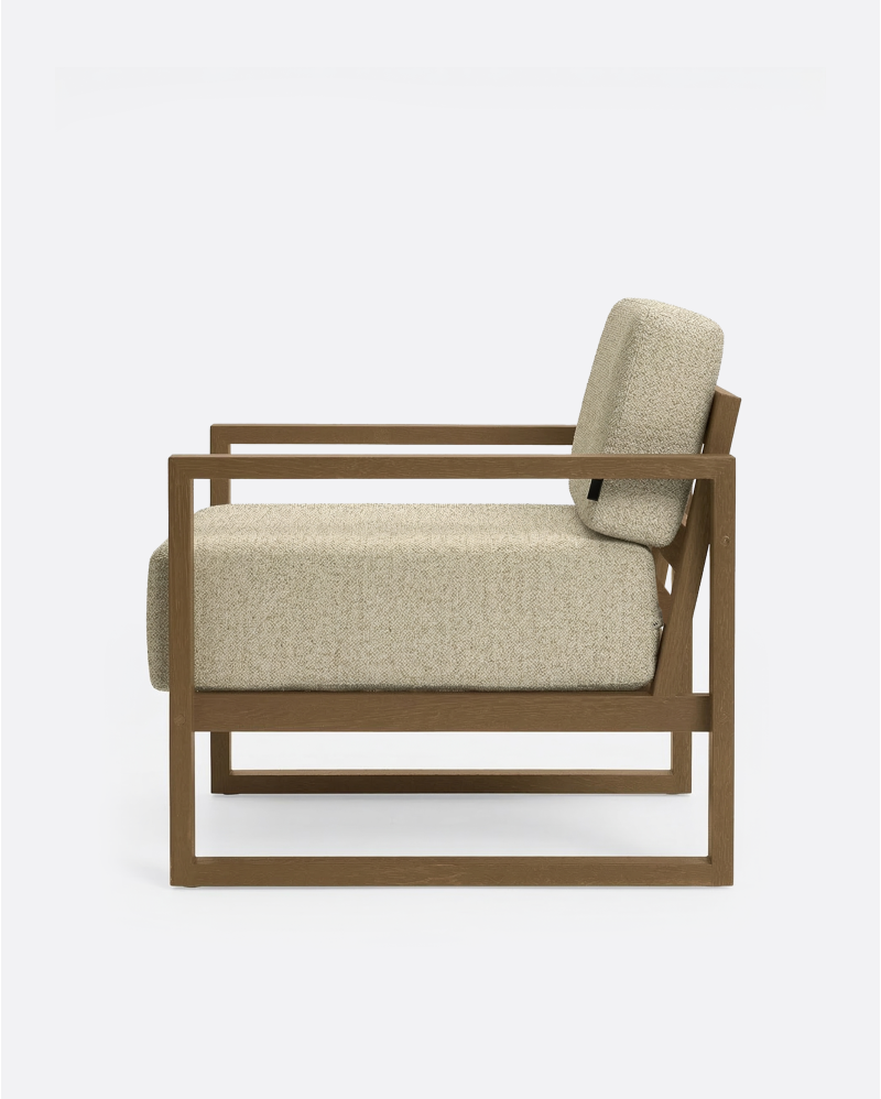 Sofá de exterior SELMA 1 plaza en teca natural, 78 x 83 x 67 cm, con tapizado color marfil (Ivory)