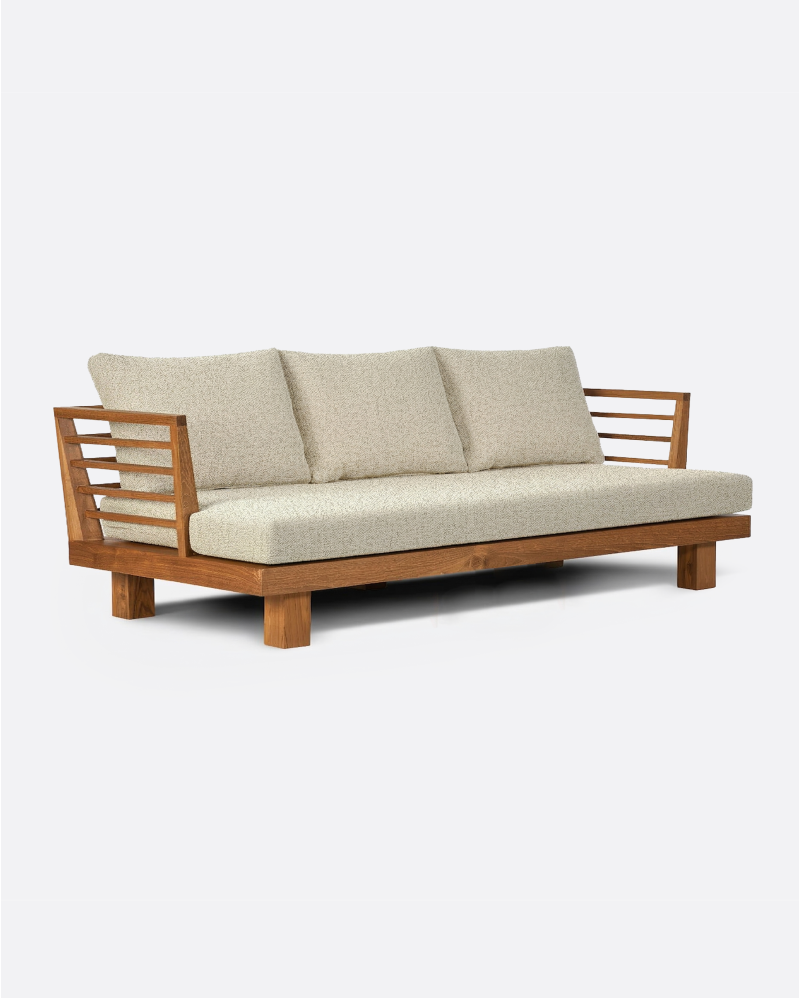 Sofá de exterior STRAUSS 3 plazas en teca natural y olefina, 214 x 84 x 67 cm, con tapizado color marfil (Ivory)
