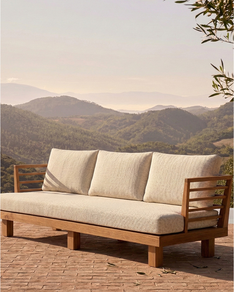 Sofá de exterior STRAUSS 3 plazas en teca natural y olefina, 214 x 84 x 67 cm, con tapizado color marfil (Ivory)