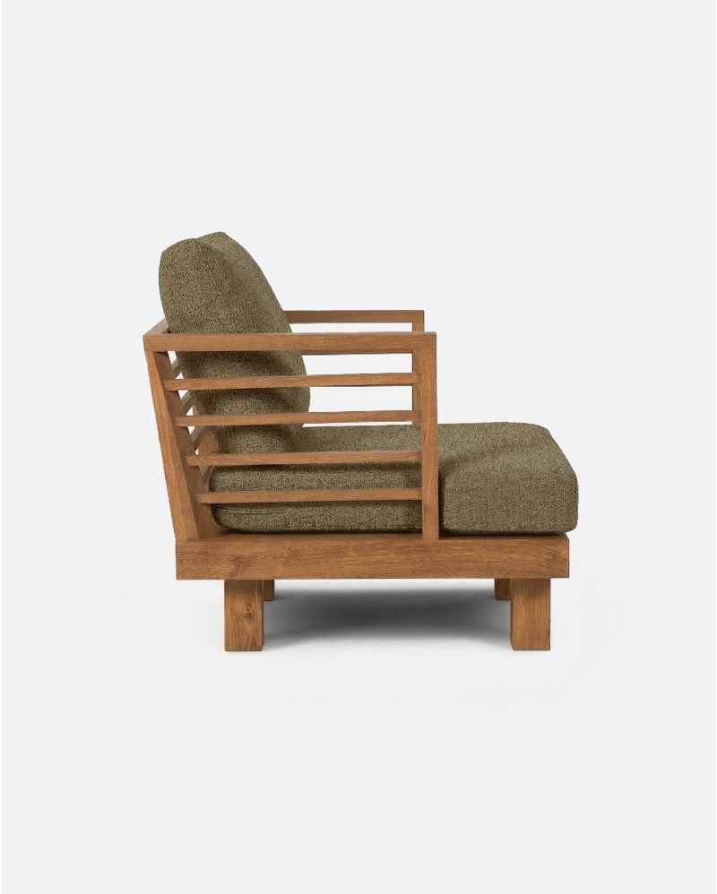 STRAUSS 1-seater outdoor sofa in natural teak and olefin, 86 × 84 × 67 cm, with sand-coloured upholstery