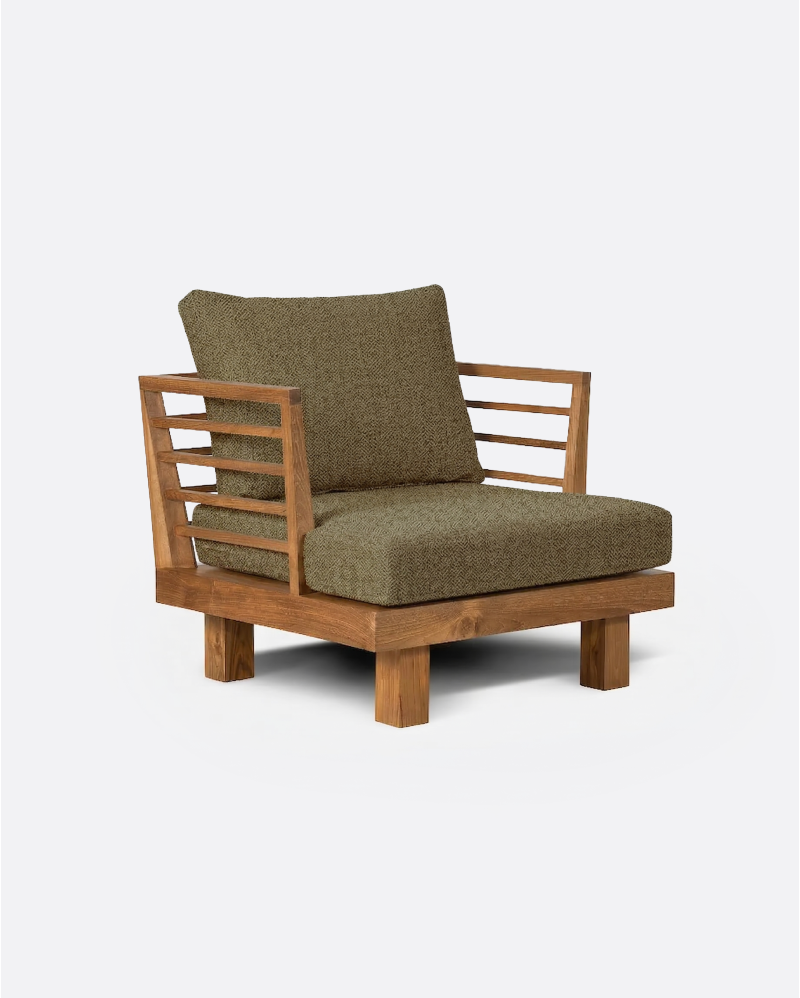 Sofá de exterior STRAUSS 1 plaza en teca natural y olefina, 86 × 84 × 67 cm, en tapizado color arena (Sand)