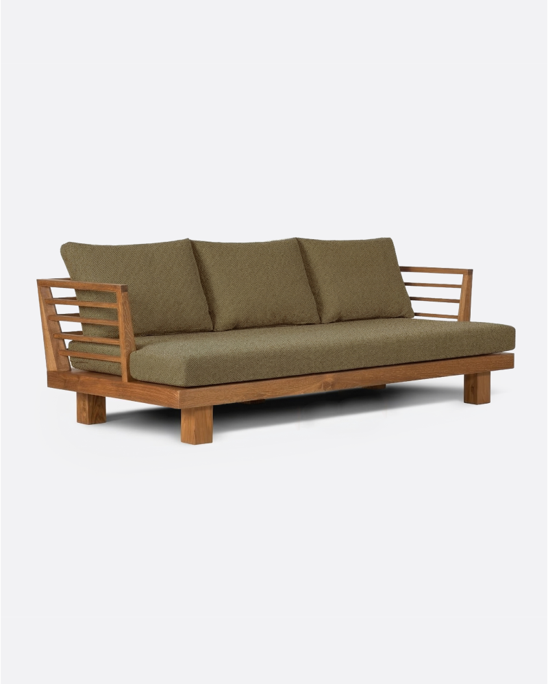 Sofá de exterior STRAUSS 3 plazas en teca natural y olefina, 214 x 84 x 67 cm, con tapizado color arena (Sand)