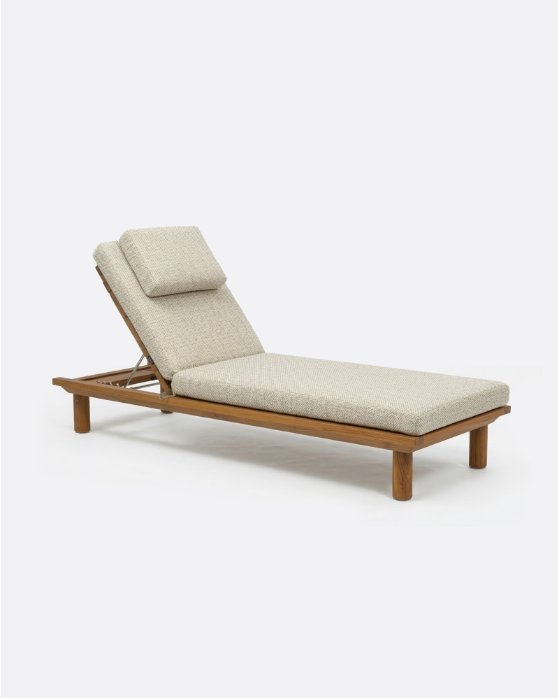 TOPRAK outdoor sunbed in natural teak, 200 x 70 x 25 cm, with ivory-coloured mattress