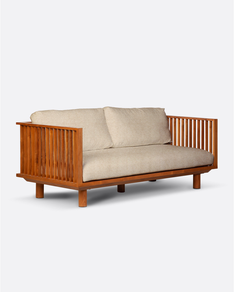 Sofá de exterior TOPRAK 2 plazas en teca natural y olefina, 180 x 82 x 77 cm, con tapizado color marfil (Ivory)