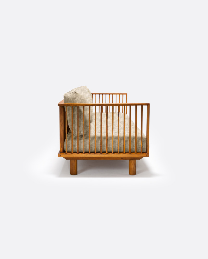 TOPRAK 3-seater outdoor sofa in natural teak and olefin, 260 x 82 x 77 cm, with ivory-coloured upholstery
